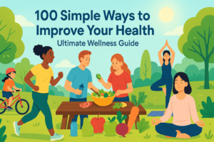 A vibrant illustration of people practicing healthy habits outdoors—running, biking, doing yoga, meditating, and eating fresh vegetables together—promoting simple ways to improve health and wellness.