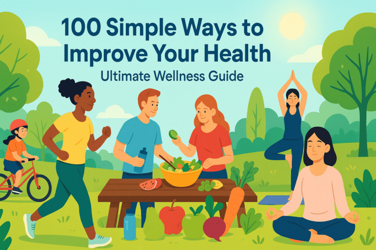 A vibrant illustration of people practicing healthy habits outdoors—running, biking, doing yoga, meditating, and eating fresh vegetables together—promoting simple ways to improve health and wellness.