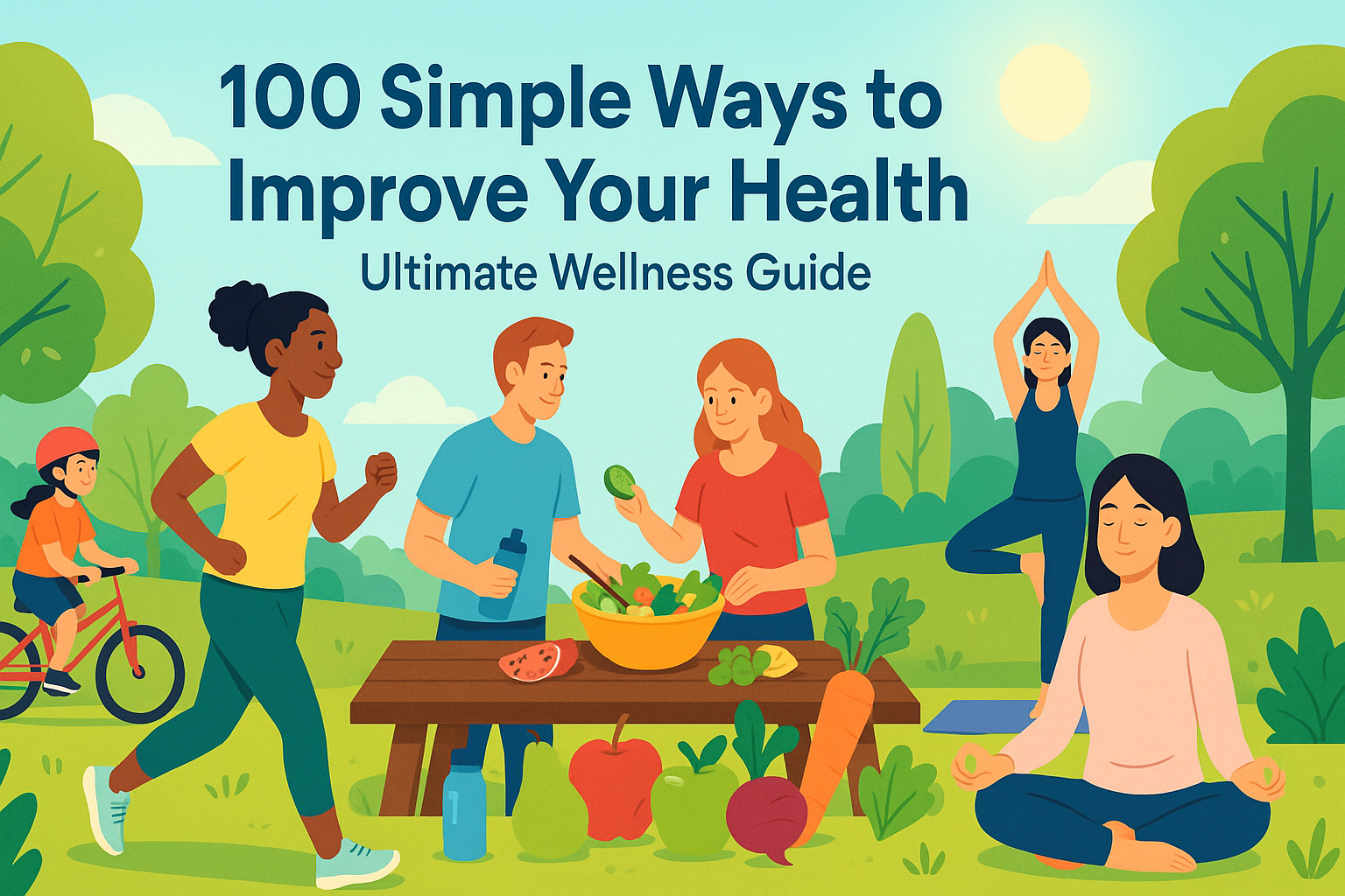 A vibrant illustration of people practicing healthy habits outdoors—running, biking, doing yoga, meditating, and eating fresh vegetables together—promoting simple ways to improve health and wellness.