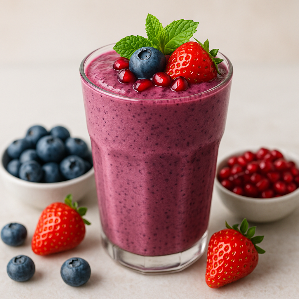 A vibrant glass of berry smoothie topped with fresh strawberry, blueberry, pomegranate seeds, and mint, surrounded by bowls of blueberries and pomegranate—highlighting antioxidant-rich, anti-aging foods that support youthful skin and overall wellness.