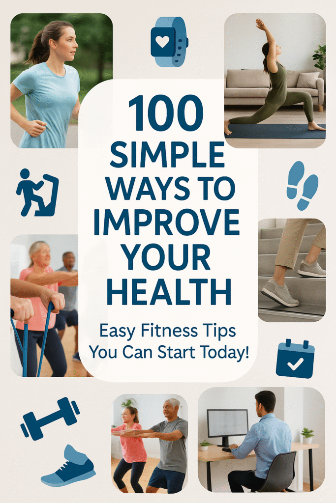 Collage of diverse people engaging in healthy habits, including running, yoga at home, walking stairs, exercising in a gym, and working at a desk, with text overlay: “100 Simple Ways to Improve Your Health—Easy Fitness Tips You Can Start Today.”