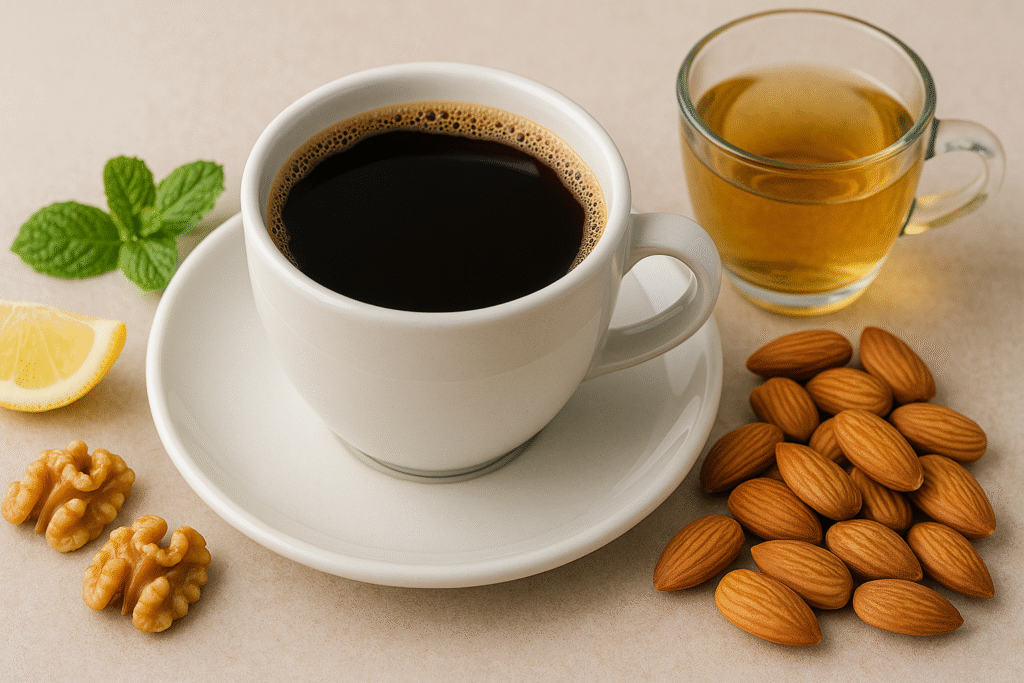 A cup of black coffee and a glass of green tea served with almonds, walnuts, lemon, and fresh mint—highlighting antioxidant-rich beverages and healthy nuts that support anti-aging, brain health, and vibrant energy.