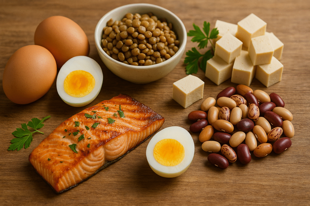 A variety of anti-aging protein sources, including grilled salmon, hard-boiled eggs, lentils, tofu cubes, and mixed beans, arranged on a wooden table—highlighting lean, nutrient-rich foods that support muscle health, cellular repair, and longevity.