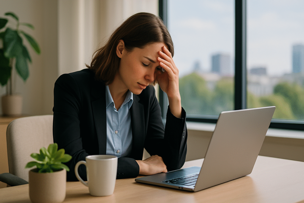 Female office worker feeling overwhelmed and stressed, example of stress in corporate life and need for effective stress management