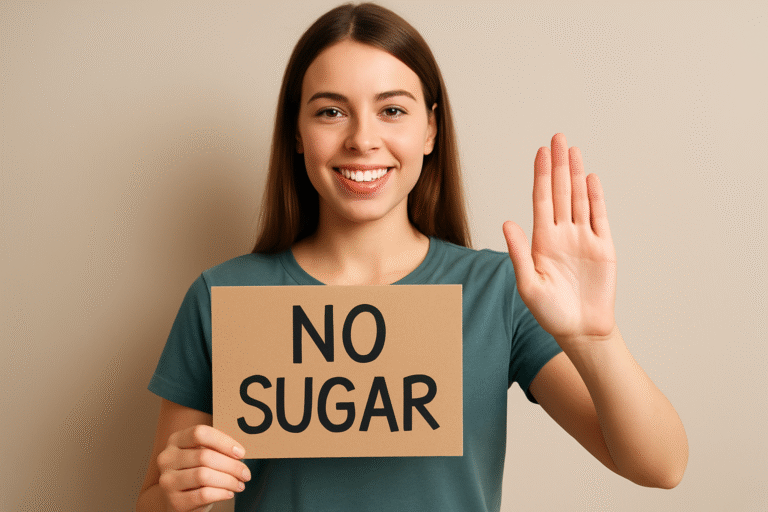 Young woman holding a sign that says "No Sugar" and smiling confidently, promoting a sugar-free lifestyle.