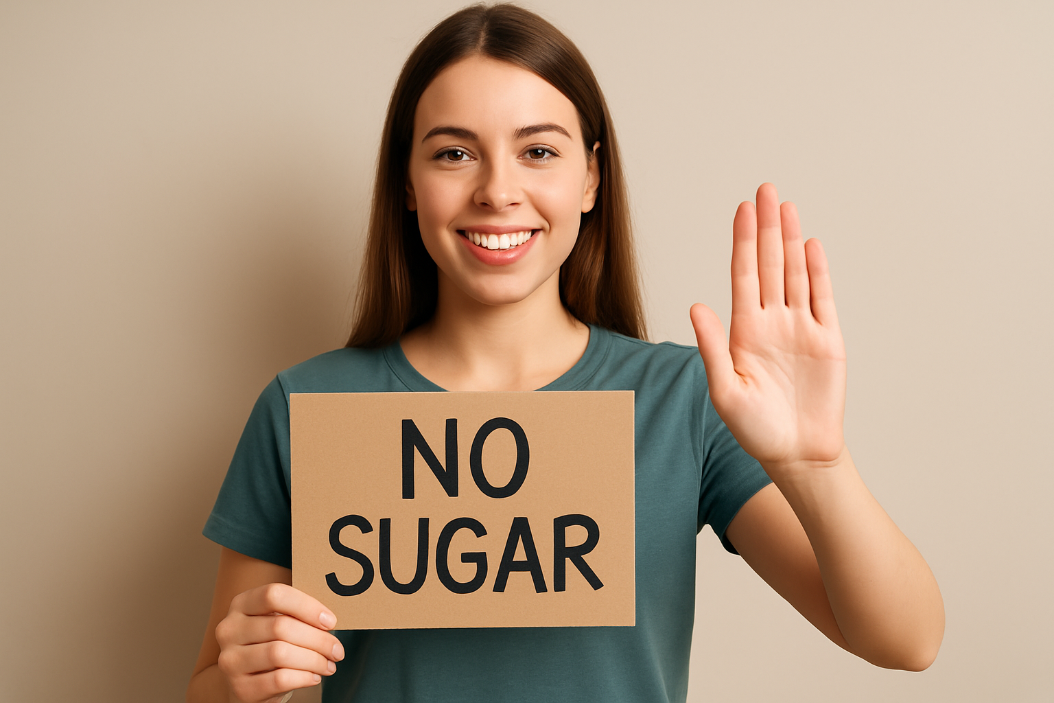 Young woman holding a sign that says "No Sugar" and smiling confidently, promoting a sugar-free lifestyle.