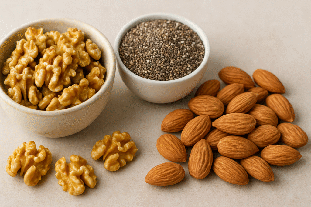 A close-up of walnuts, almonds, and chia seeds arranged in bowls and on a table—showcasing nutrient-dense nuts and seeds rich in healthy fats, antioxidants, and omega-3s, supporting anti-aging, brain health, and youthful skin.