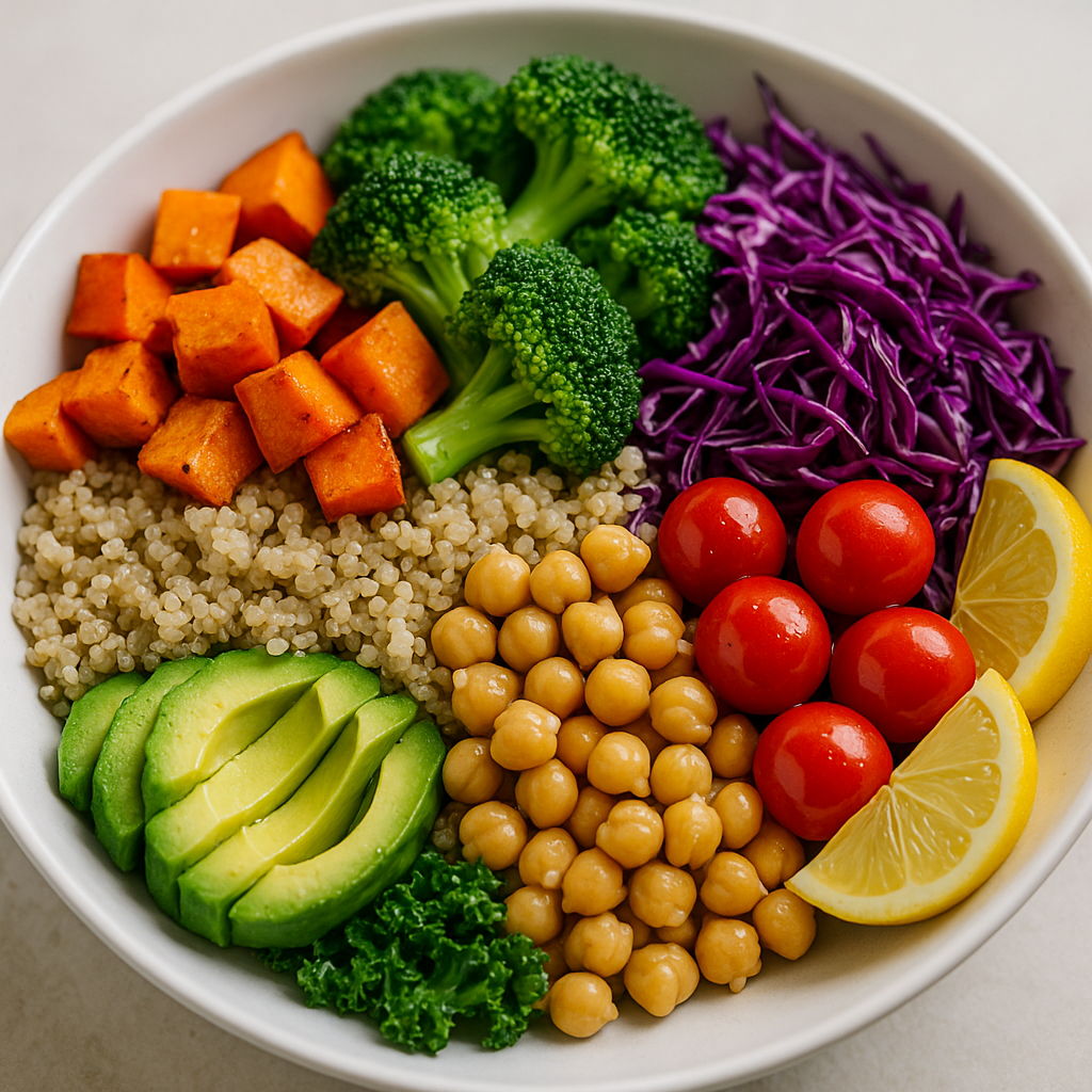 A colorful bowl of anti-aging foods, including quinoa, chickpeas, avocado, cherry tomatoes, broccoli, shredded purple cabbage, roasted sweet potatoes, kale, and lemon wedges—showcasing a nutrient-dense, plant-based meal that supports healthy, youthful skin and longevity.
