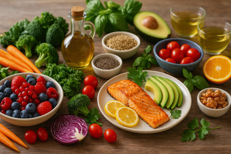 A colorful, healthy spread of sugar-free foods including grilled salmon, avocado slices, fresh berries, broccoli, carrots, cherry tomatoes, leafy greens, olive oil, walnuts, chia seeds, grains, and orange slices arranged on a wooden table—representing a balanced, nutrient-rich diet for wellness and longevity.