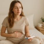 A young white woman in her early twenties sits on a bed in a softly lit, cozy bedroom, gently touching her stomach with one hand and holding a pregnancy test in the other. She has a thoughtful, hopeful expression. On the bedside table are a mug, a potted plant, and a notebook, creating a calm and supportive atmosphere.