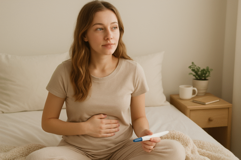A young white woman in her early twenties sits on a bed in a softly lit, cozy bedroom, gently touching her stomach with one hand and holding a pregnancy test in the other. She has a thoughtful, hopeful expression. On the bedside table are a mug, a potted plant, and a notebook, creating a calm and supportive atmosphere.