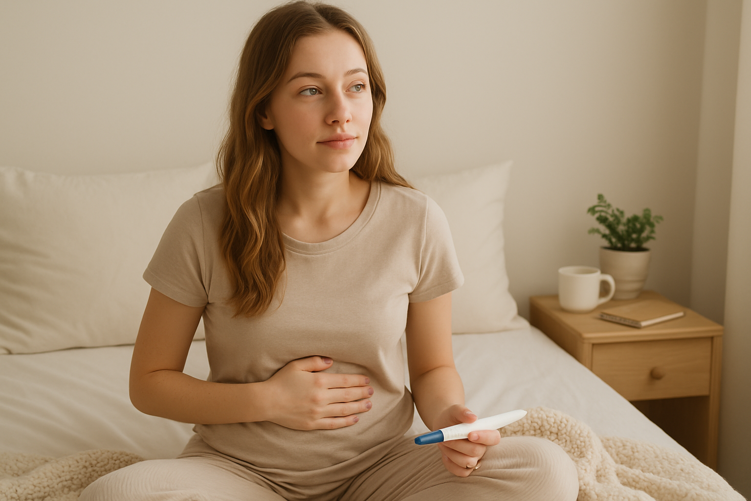 A young white woman in her early twenties sits on a bed in a softly lit, cozy bedroom, gently touching her stomach with one hand and holding a pregnancy test in the other. She has a thoughtful, hopeful expression. On the bedside table are a mug, a potted plant, and a notebook, creating a calm and supportive atmosphere.