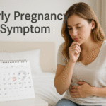 A young white American woman sits on the edge of her bed in a softly lit bedroom, looking thoughtfully at a calendar with a date circled in red. She holds her chin and rests a hand on her belly, appearing concerned. The text “Early Pregnancy Symptom” appears in large font on the left. The scene conveys early pregnancy worries and anticipation in a calm, modern setting.