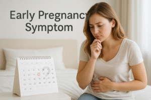 A young white American woman sits on the edge of her bed in a softly lit bedroom, looking thoughtfully at a calendar with a date circled in red. She holds her chin and rests a hand on her belly, appearing concerned. The text “Early Pregnancy Symptom” appears in large font on the left. The scene conveys early pregnancy worries and anticipation in a calm, modern setting.