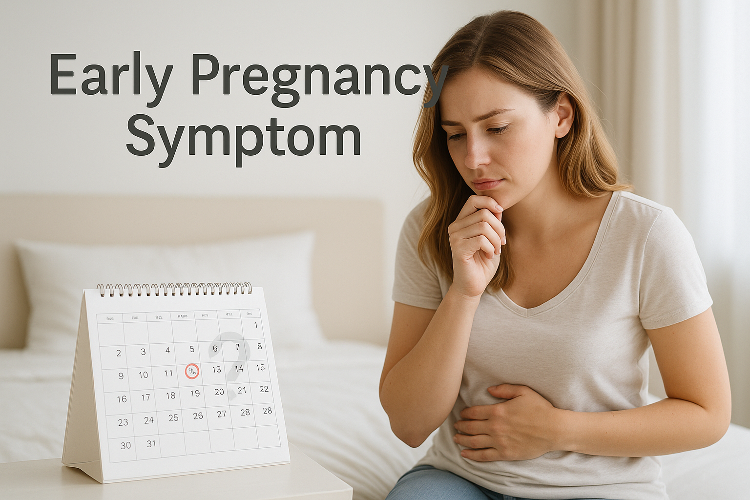 A young white American woman sits on the edge of her bed in a softly lit bedroom, looking thoughtfully at a calendar with a date circled in red. She holds her chin and rests a hand on her belly, appearing concerned. The text “Early Pregnancy Symptom” appears in large font on the left. The scene conveys early pregnancy worries and anticipation in a calm, modern setting.