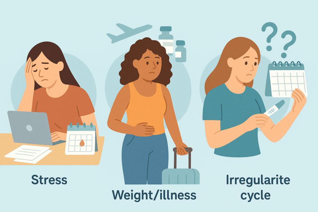 How stress, hormonal changes, and cycle length can affect periods and pregnancy symptoms