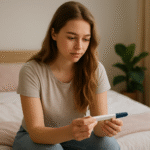 A young American woman in her early 20s with long light brown hair sits thoughtfully on the edge of her bed in a softly lit bedroom, holding an unopened pregnancy test in her hands. The room has pastel bedding, natural sunlight, and a green houseplant in the background.