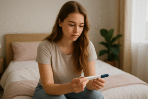 A young American woman in her early 20s with long light brown hair sits thoughtfully on the edge of her bed in a softly lit bedroom, holding an unopened pregnancy test in her hands. The room has pastel bedding, natural sunlight, and a green houseplant in the background.