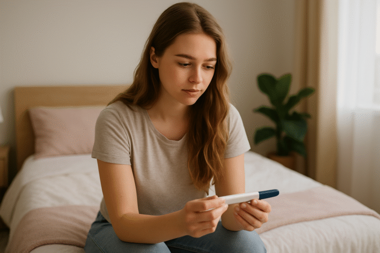 A young American woman in her early 20s with long light brown hair sits thoughtfully on the edge of her bed in a softly lit bedroom, holding an unopened pregnancy test in her hands. The room has pastel bedding, natural sunlight, and a green houseplant in the background.
