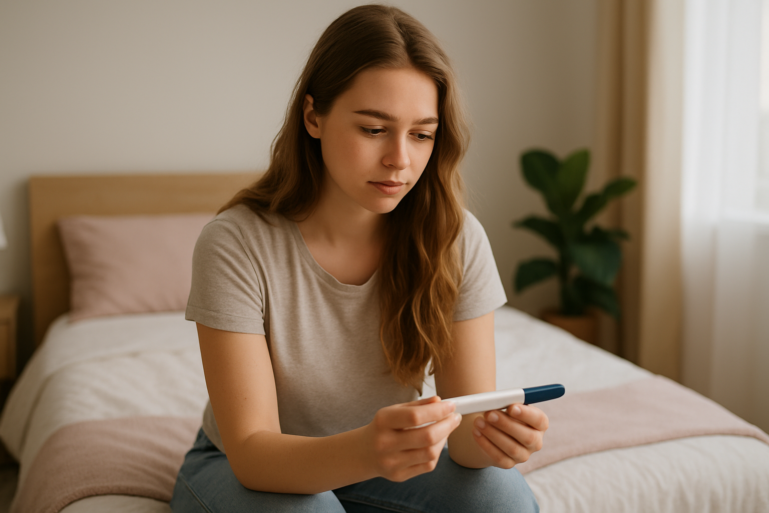 A young American woman in her early 20s with long light brown hair sits thoughtfully on the edge of her bed in a softly lit bedroom, holding an unopened pregnancy test in her hands. The room has pastel bedding, natural sunlight, and a green houseplant in the background.