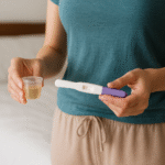 A woman standing in a softly lit bedroom holds an ovulation test stick in one hand and a small cup of urine in the other, preparing to use the ovulation predictor kit.