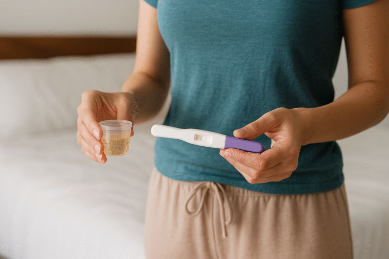 A woman standing in a softly lit bedroom holds an ovulation test stick in one hand and a small cup of urine in the other, preparing to use the ovulation predictor kit.